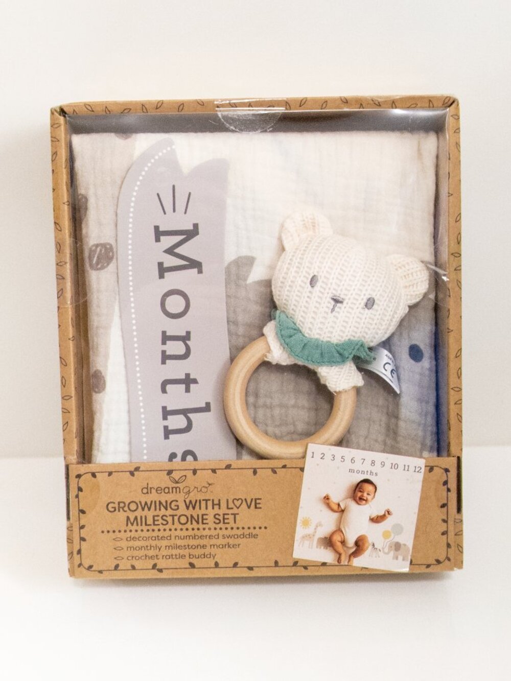DREAMGRO Growing with Love Milestone Set Baby Photography Props Swaddle Bear NWT